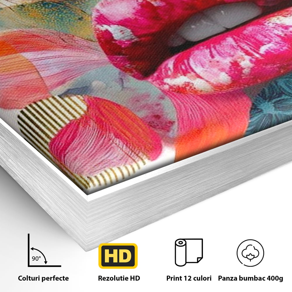 Detaliu al suprafetei: tablou canvas cu buze roz si nas albastru, in rama de aluminiu argintiu